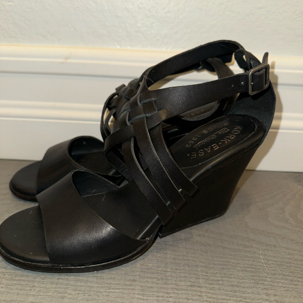 Kork-Ease Adelaide Black Leather Wedge Heels with Ankle Strap Size 7